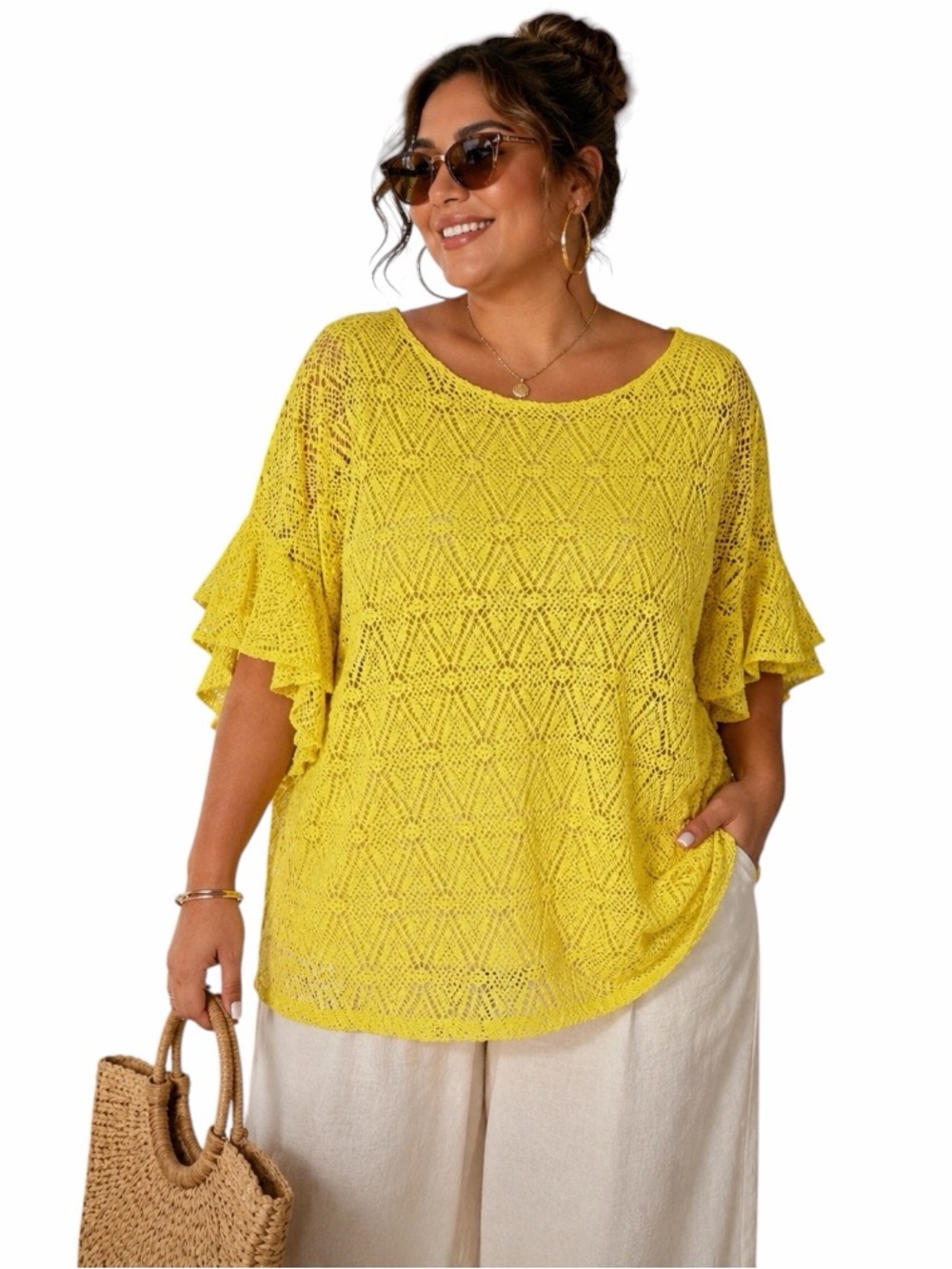 Ruby Rd XL Yellow Eyelet Ruffle Bell Sleeve Blouse Summer Boho Beachy Vacation